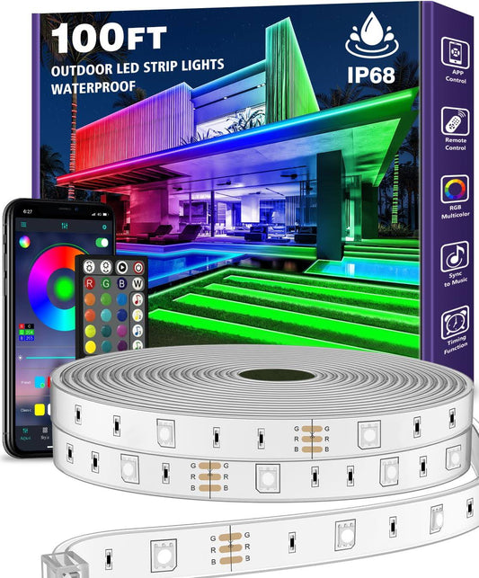 200ft Outdoor Led Strip Lights Waterproof With Adhesive Backing,Ip68 Outside Led Light Strips Waterproof With Bluetooth App Remote,Music Sync Rgb